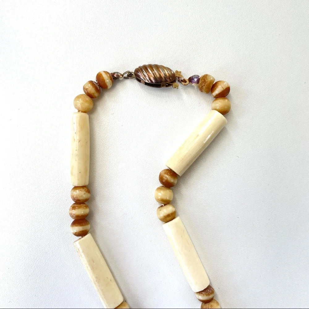 Vintage 1970s Artisan Etched Bone Statement Necklace - Picture 8 of 17